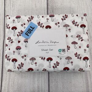 London Kaye Sheet Set FULL White Pink Red Hearts Mushrooms Cottagecore Whimsical